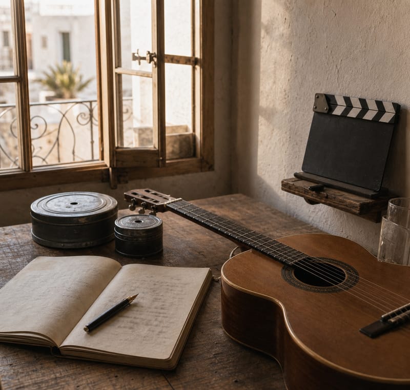 A 1966 still life by a window: acoustic guitar, handwritten notebook, film reels and a clapperboard