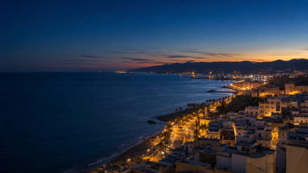 The bay and port of Almería lit at dusk beneath the walls