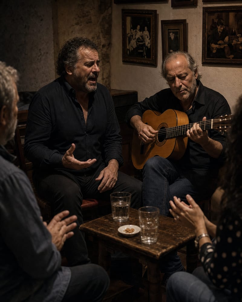 A flamenco singer and guitarist sharing a night of flamenco in a peña