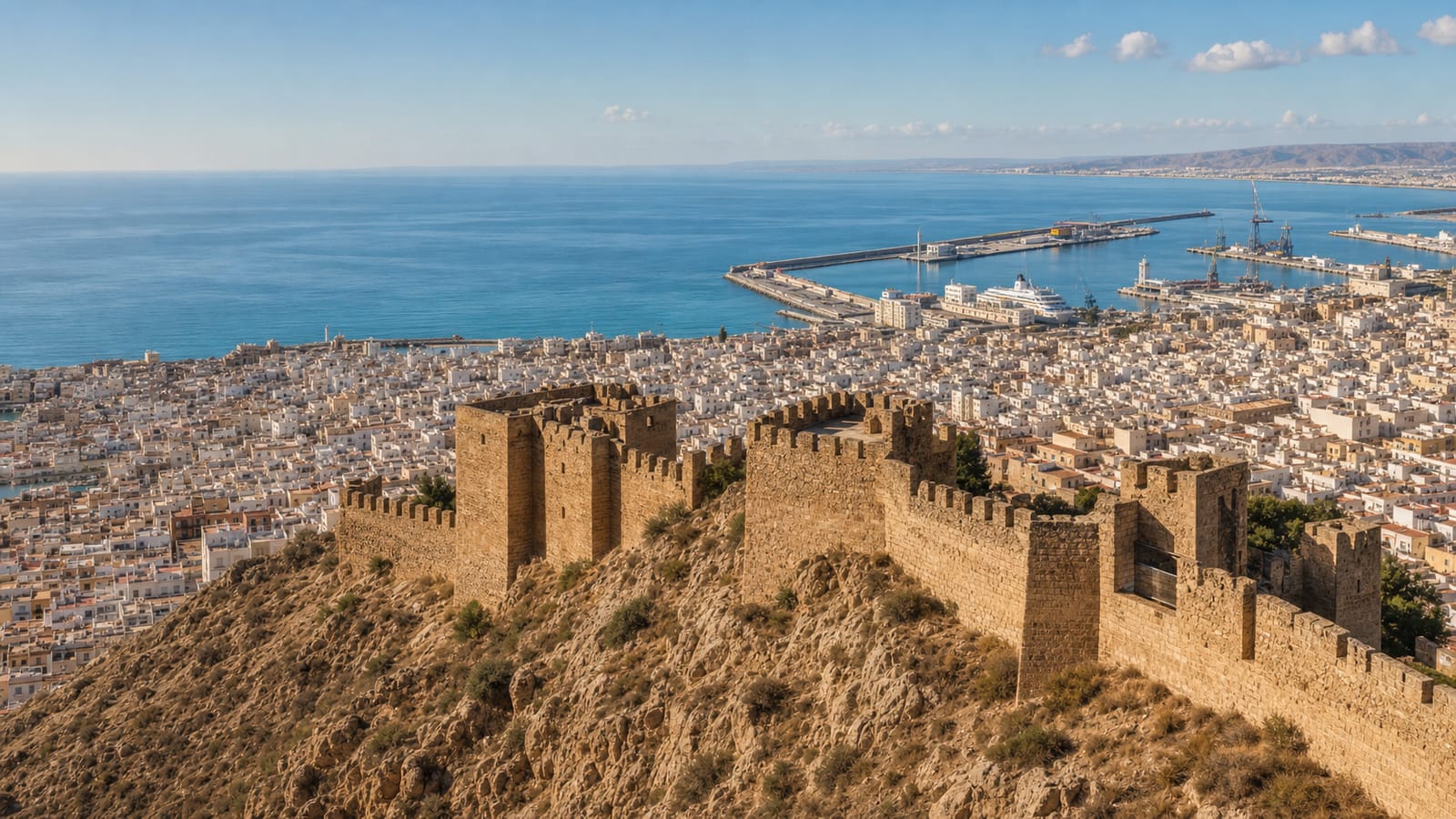 The Alcazaba and its walls above the white houses of Almería, with the port and the bay in the background