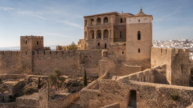 Walls and towers of the Alcazaba beside the town after the Christian conquest