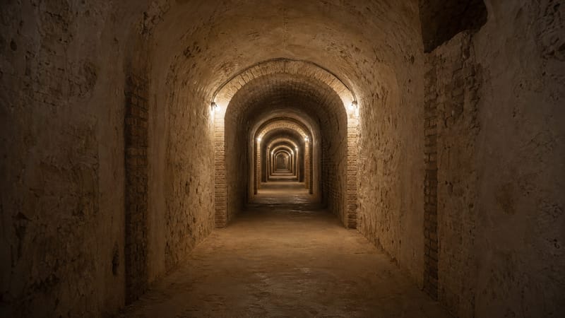 Vaulted underground gallery of the civil war shelters, lit with warm light