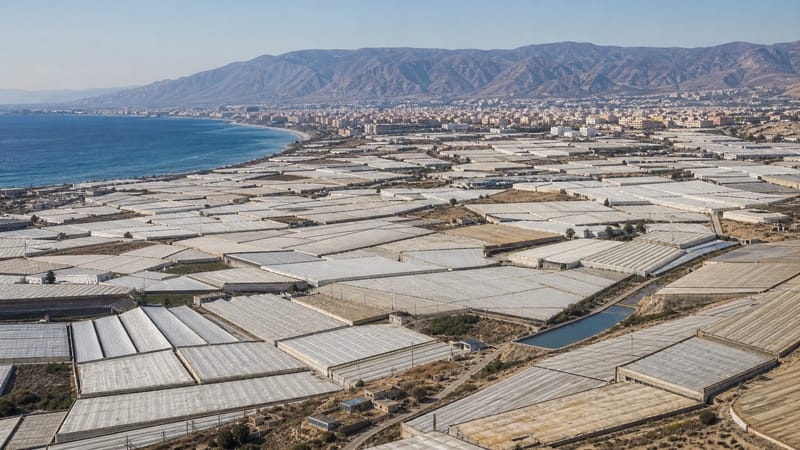 A sea of greenhouses between the mountains and the Mediterranean, symbol of the agricultural transformation