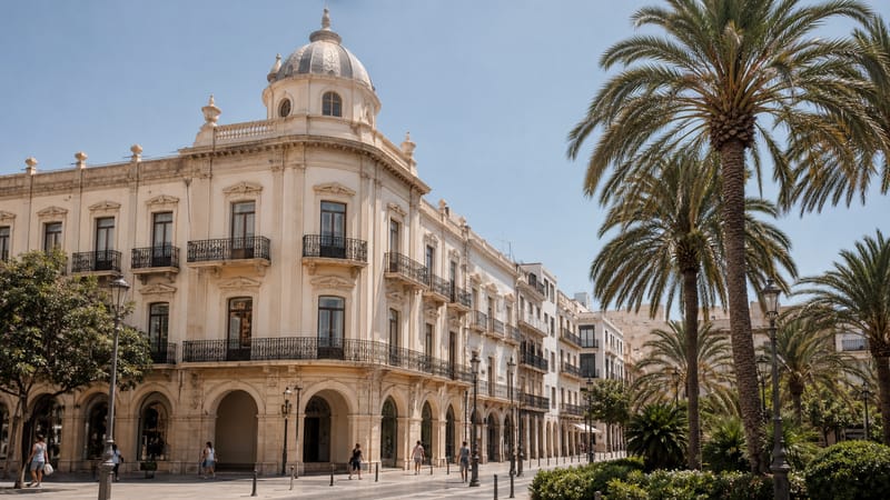 Bourgeois architecture and palm trees on the Paseo de Almería in the 19th century