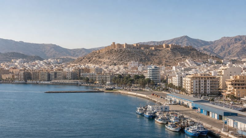 Sailing ships off the port of the taifa of Almería, with the medina at the foot of the fortress