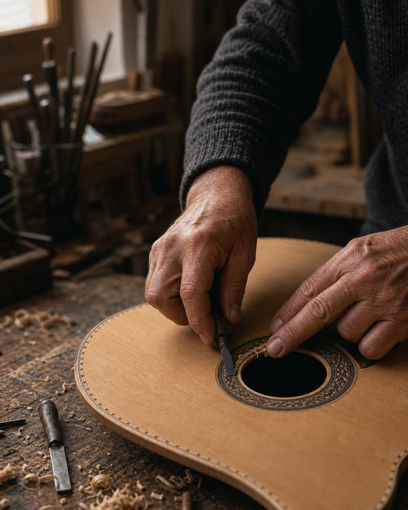 A luthier's hands tracing the rosette of a guitar in his workshop