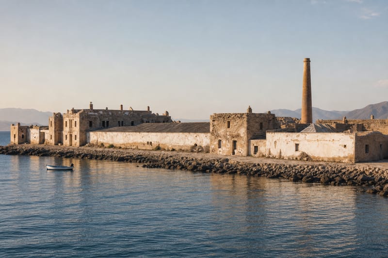 The old salt-works buildings of the Almadraba de Monteleva beside the sea