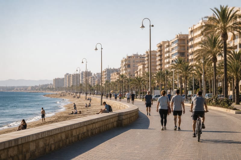 Walkers and cyclists on the Paseo Marítimo as evening falls