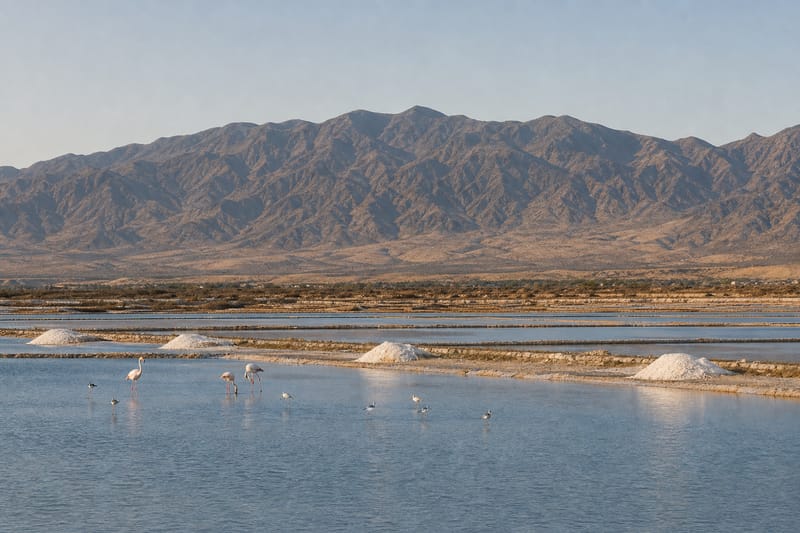 Mounds of salt and sheets of water in the salt flats, with birds in the background