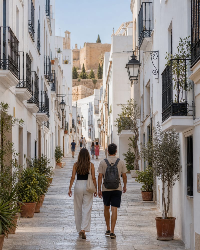 Two people strolling along a whitewashed street in the Almedina