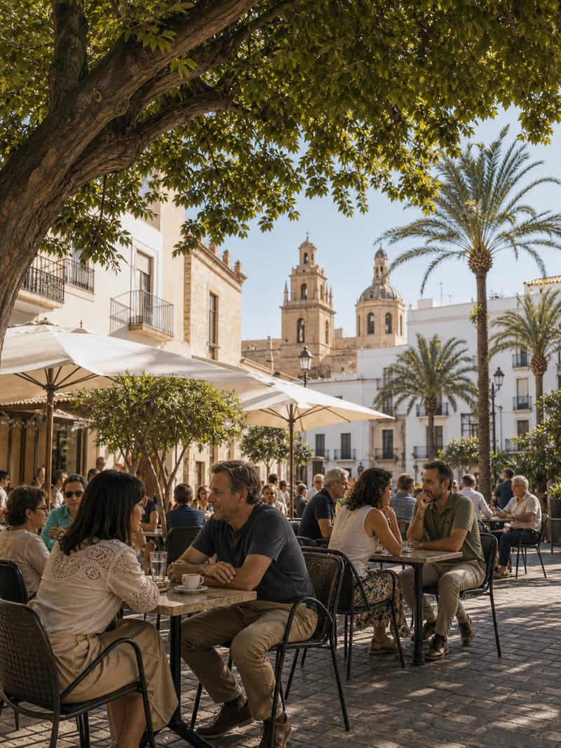 A terrace in the shade of the trees on a square in the city centre