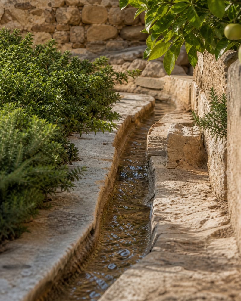 Detail of stone, water and vegetation in the Alcazaba