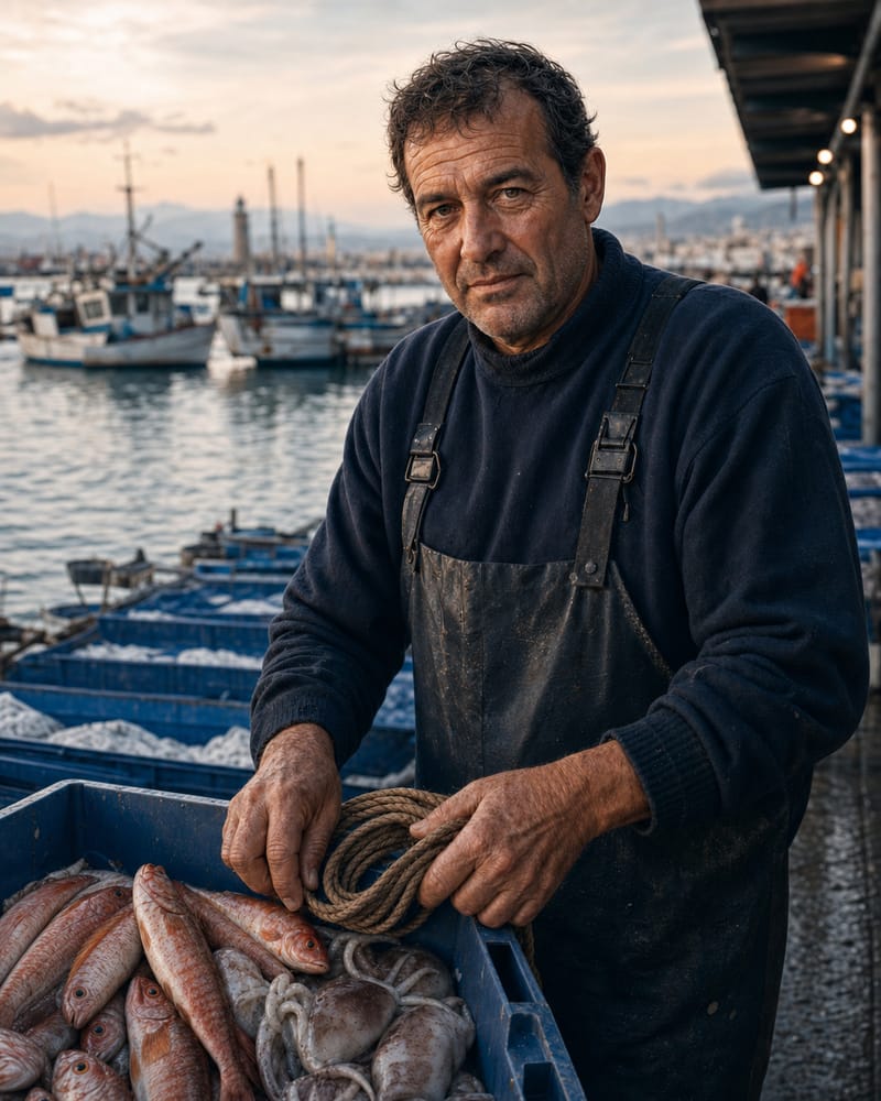 Portrait of a fishmonger with fresh catch at the market