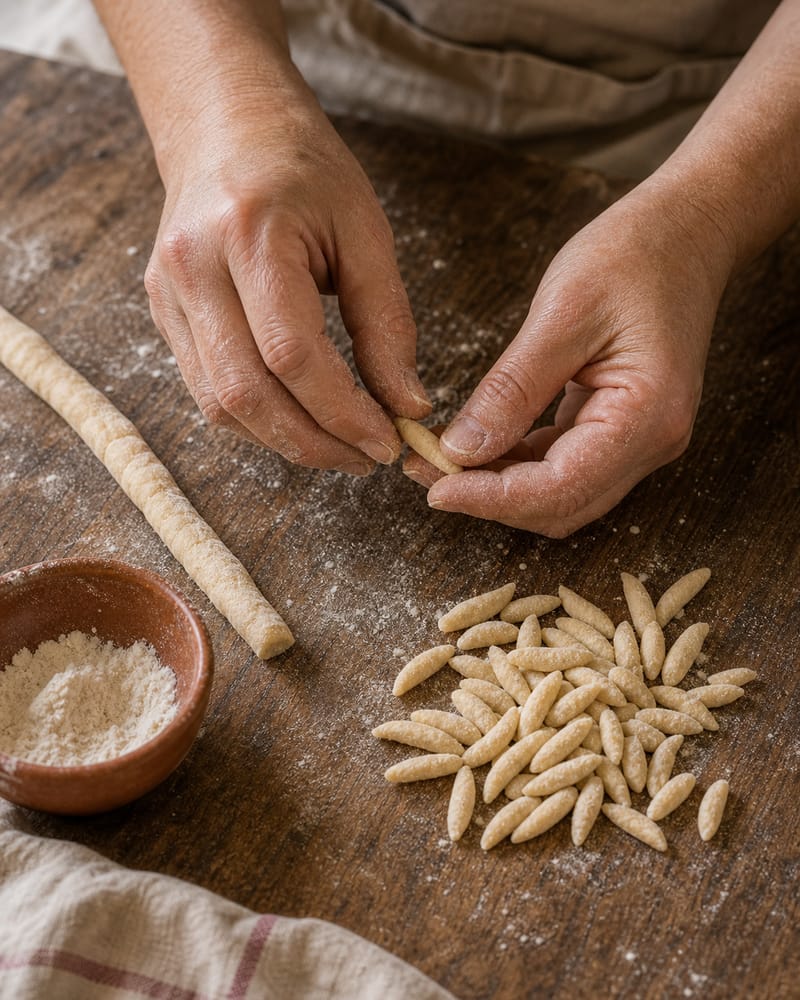 Hands shaping gurullos, Almería's handmade pasta