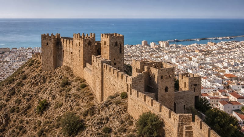 The walls of the Alcazaba dominating the white houses and the bay