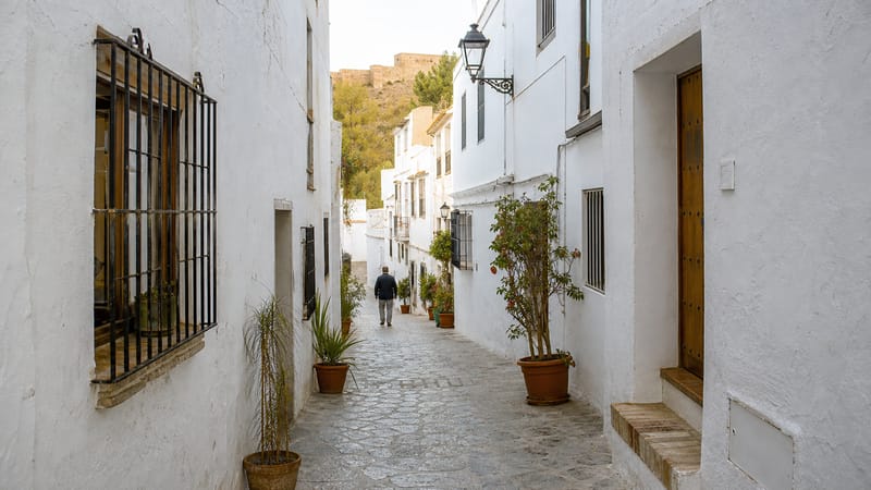 Whitewashed street and flowerpots in the Almedina, the oldest quarter of the city