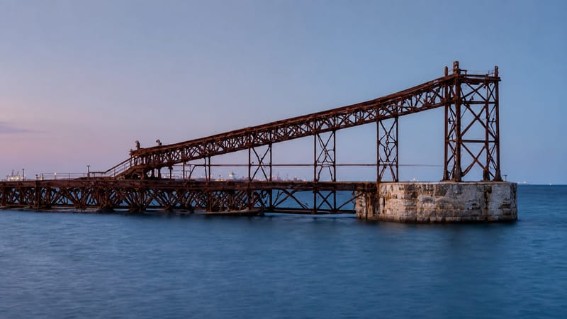 The riveted iron structure of the Cable Inglés reaching out over the sea