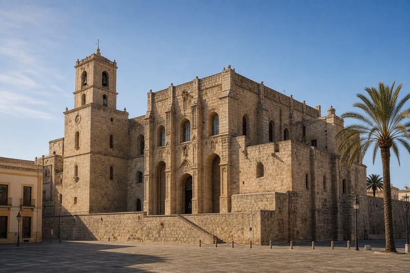 The fortress cathedral of the Incarnation with its buttresses and palm trees