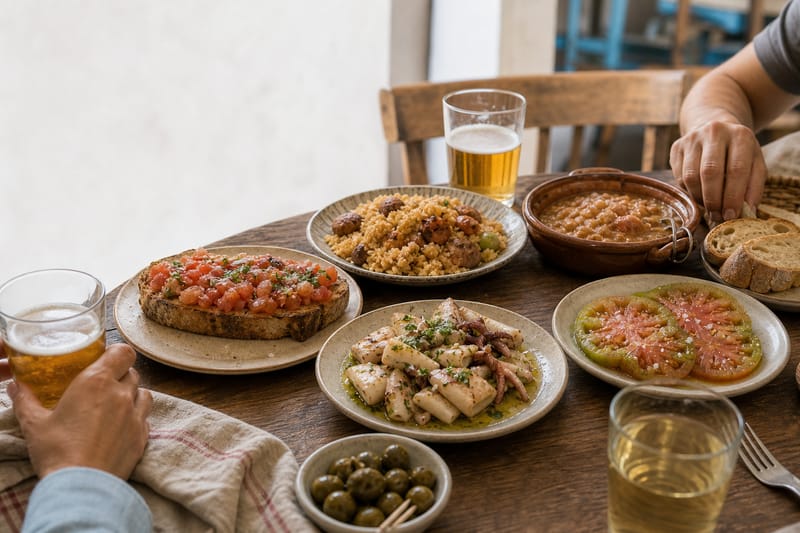 Assorted tapas laid out on a bar table in Almería