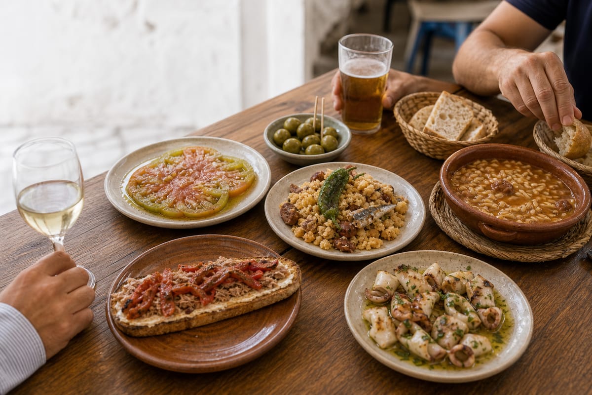 Almería tapas table with chérigan, migas, gurullos, jibia and tomate RAF, shared at sunset