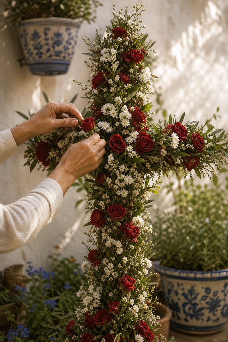 Hands preparing a May cross covered in red and white flowers next to blue ceramics