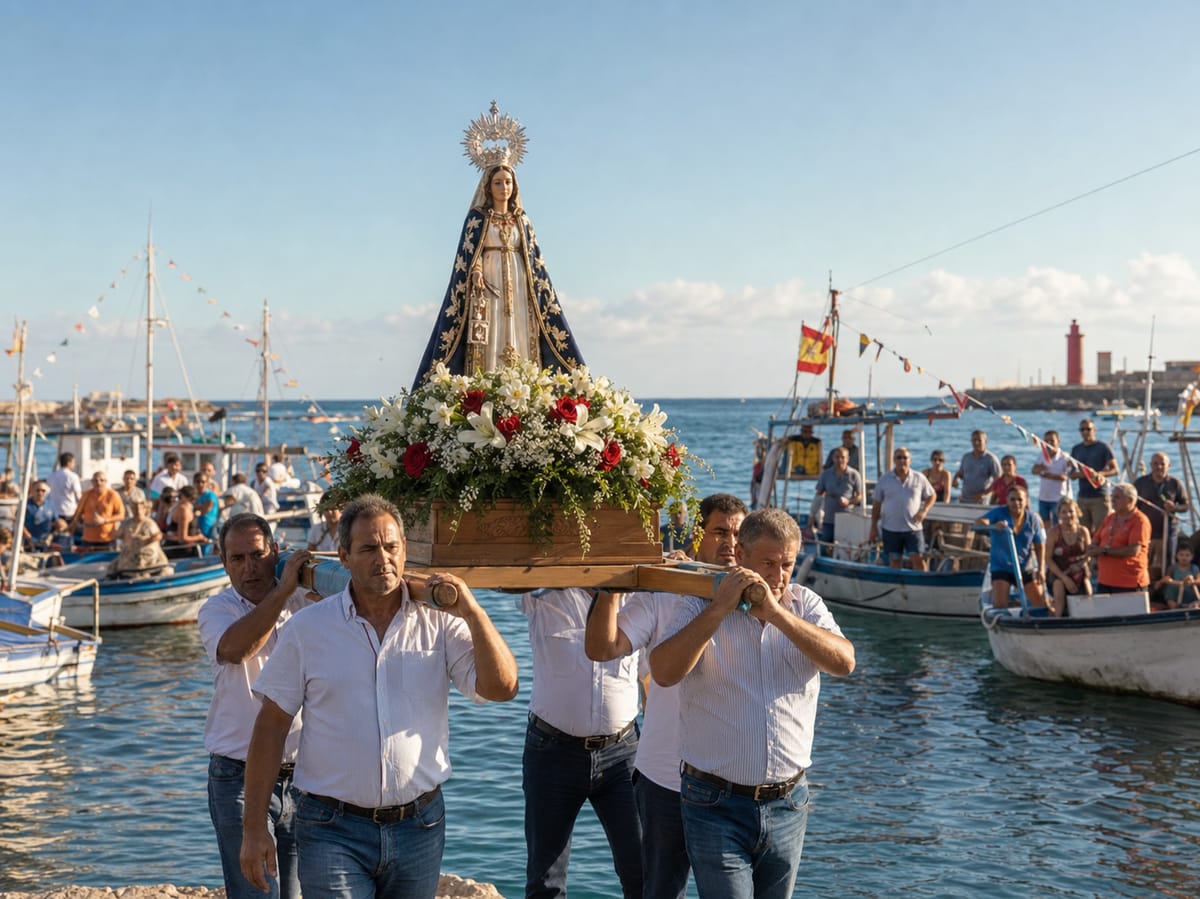 Seaborne procession of the Virgen del Carmen with decorated boats in Almería's fishing harbour