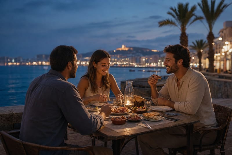 A tapas dinner facing the illuminated port